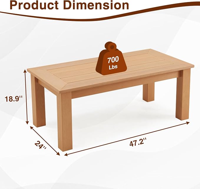 Outdoor Coffee Table Rectangle, 47" Poly Lumber Patio Coffee Tables for Outside, All Weather Outdoor Coffee Tables for Patio, Garden, Balcony, Lawn, Porch, Modern Patio Table (Teak Color)