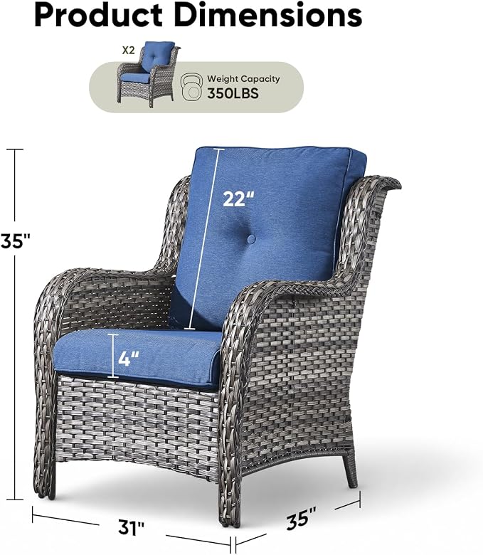 Rilyson Patio Chairs Outdoor Wicker Chair - Rattan Dining Chairs Porch Chairs Outside Club Chairs with High Back and Deep Seating(Mixed Grey/Blue)