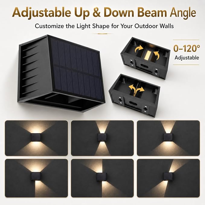 T-SUN 8 Pack Solar Wall Lights Outdoor, Up and Down Solar Wall Sconce | 3000K, IP65 Waterproof Decorative Accent Lights for Front Porch, Garage Wall, Back Patio, Fence Corner, Pathway Entry