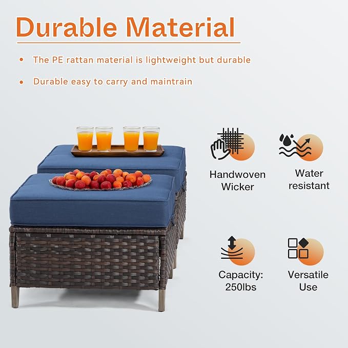 Joyside Patio Ottoman Set of 2, All Weather Outdoor Rattan Ottomans Patio Footstools with Removable Cushions for Garden Backyard Porch (Blue)