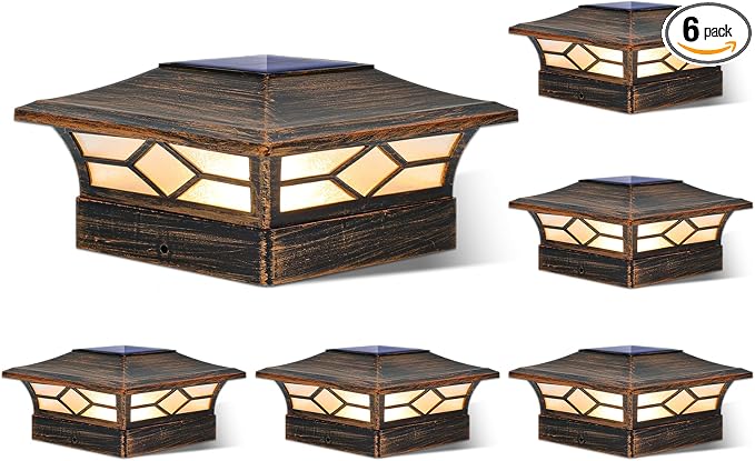 Solar Post Cap Lights Outdoor 6pack, Waterproof Solar Powered Deck Fence Post Lights for 4x4 Wood/Vinyl Posts, Solar Outdoor LED Light with Cool/Warm Lighting Decorate Garden Patio Porch…