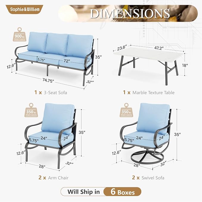 Sophia & William Patio Furniture Sets for 7 Outdoor Conversation Set 6 Pcs with 4 x Armrest Cushioned Sofa Chairs, 1 x 3-Seat Sofa, 1 Marbling Metal Coffee Table Garden Backyard Poolside Blue