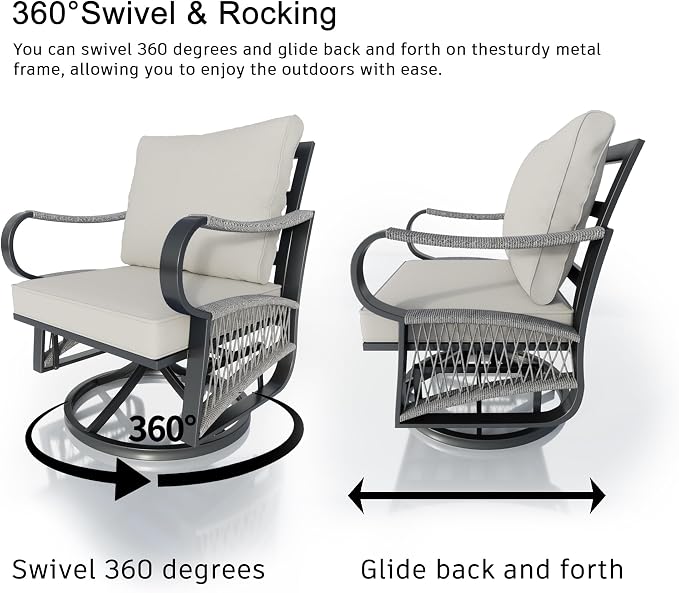 11 Pieces Patio Furniture Set, Metal Outdoor Conversation Sets with Fire Pit Table and Swivel Chairs for Backyard Garden Deck Porch Poolside (Thick Beige Cushions)