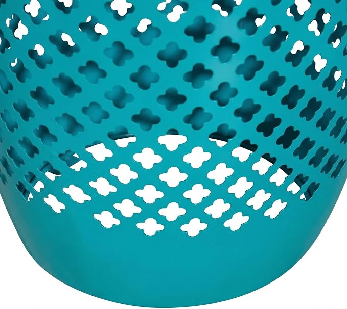 Teal Steel Outdoor Side Table, 12.5" Round Hollow Drum Patio End Table with Geometric Lattice Design, Decorative Metal Accent Table for Garden, Balcony, Living Room, No Assembly