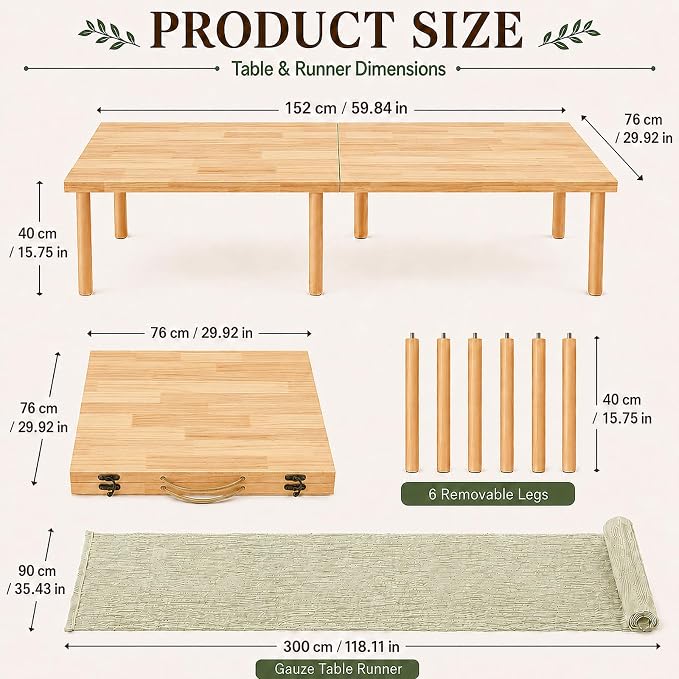 Folding Picnic Table with Table Runner, 60" x 30" Portable Boho Low Picnic Table for 6 Person, Large Wooden Floor Table for Camping, Beach, Garden, Party, Tool-Free Assembly, 165 lbs Capacity