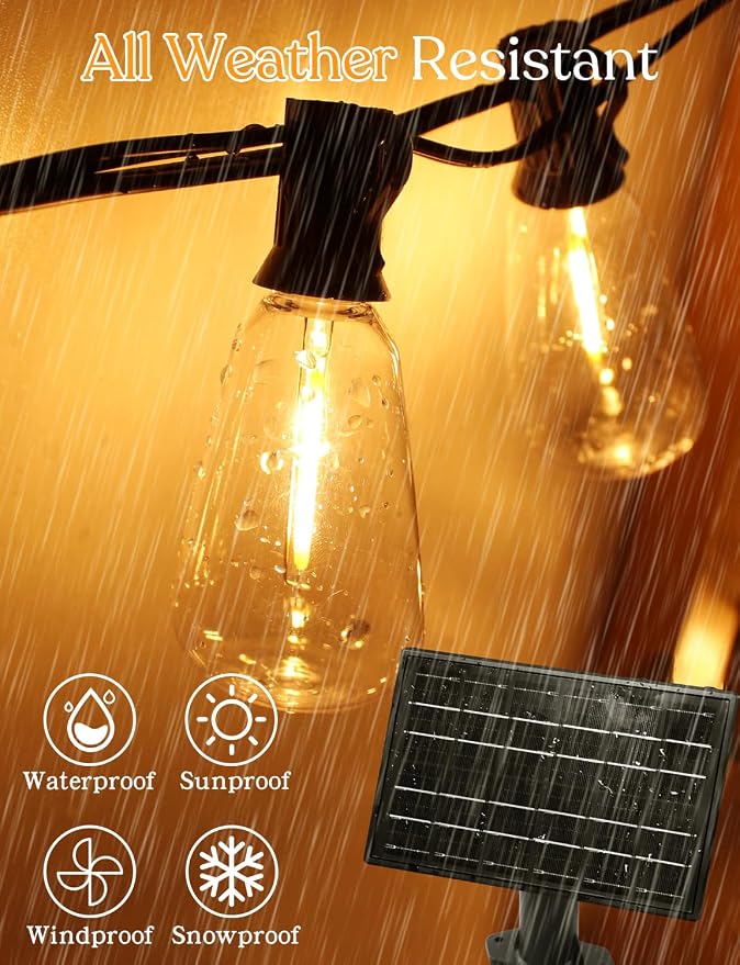 200ft Solar Outdoor String Lights with Remote - USB Rechargeable Solar Powered Outdoor Patio Lights - Larger 3.5W Solar Panel, Timer, Dimmable Shatterproof ST38 Bulbs for Backyard, Garden, Pool
