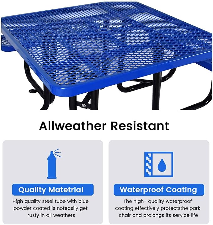 46" Square Metal Picnic Table for 4-8 Person, Durable Heavy Duty Commercial Picnic Table with Umbrella Hole for Outdoor Coffee Shop, School, Hospital, Easy to Install, Blue