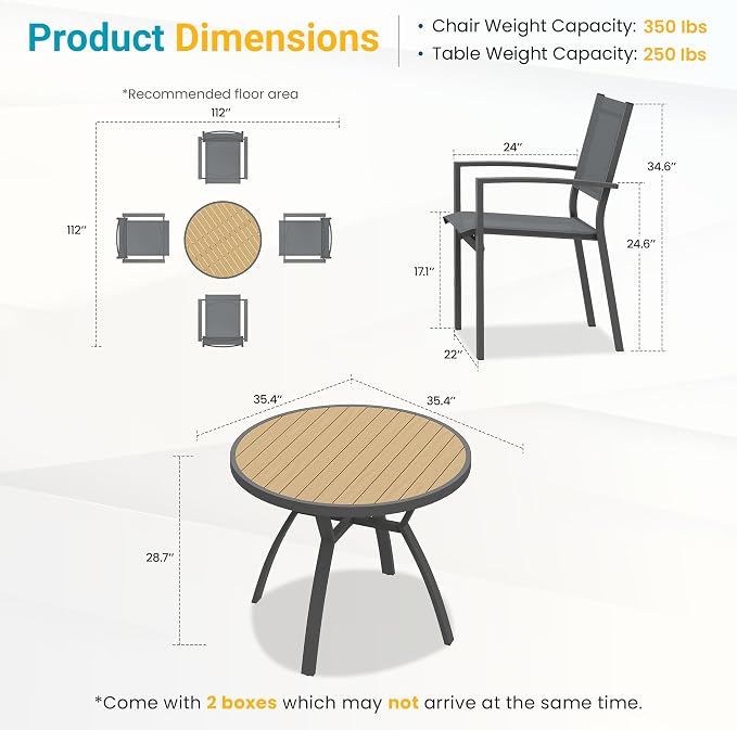 FansaFurn Patio Table and Chairs Set for 4, Outdoor Patio Furniture Set with Metal Textilene Chairs and Aluminum Table, All-Weather Outdoor Dining Set with HDPS Round Tabletop for Patio Porch