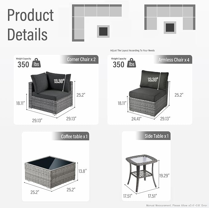 HOOOWOOO Patio Outdoor Sectional Furniture Sofa Set,7 Piece U Shaped Corner Wicker Rattan Couch Set,Rustic 6 Persons Summer Patio Conversation Set for Outside Porch Deck Garden(Black)