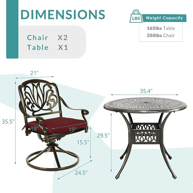 MEETWARM 3-Piece Outdoor Patio Dining Set, All-Weather Cast Aluminum Patio Conversation Set - 2 Cushions Swivel Rocker Chairs and 35.4" Round Table for Backyard Garden Deck, Umbrella Hole, Chili Red