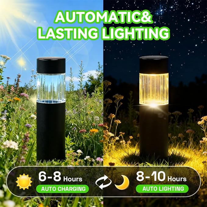 Solar Pathway Lights Outdoor, Dusk to Dawn Garden Lights, 6 Pack | Stainless Steel, IP65 Waterproof, Auto On/Off, Solar Lights for Driveway, Walkway, Backyard, Perimeter Landscape Lighting