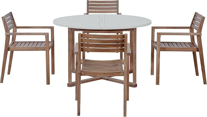 5-Piece Outdoor Dining Set with 4 Acacia Wood Chairs,47.2" Round Dining Table with Umbrella Hole, Ideal for Patios, Gardens, Poolsides, and Lawn Areas & Indoor, Light Brown