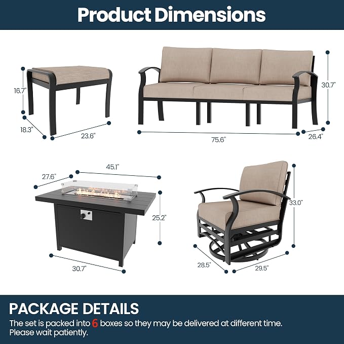 Aluminum Outdoor Patio Furniture Set,6 Pieces 5 Seats Patio Conversation Sets with 45" Propane Fire Pit Table,Metal Furniture Set with 2 Swivel Rocking Chairs & 2 Ottomans,Sand