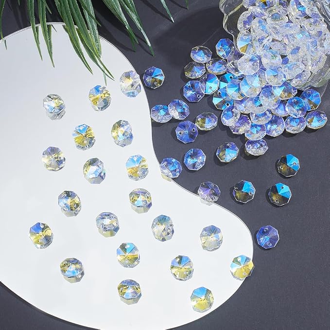 1 Box 120Pcs 14mm Glass Octagon Crystal Beads Crystal Suncatcher Beads with 2 Hole Clear AB Suncatcher Supplies Chandelier Replacement Connector Spacers for DIY Lamp Hanging Pendant Jewelry