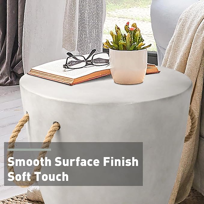 SUNBURY Outdoor Side Table Concrete Side Table, 17" H Small Outdoor Side Table End Table for Patio w Hemp Rope, Ceramic Round Coffee Table Accent Table Garden Outdoor Plant Stands