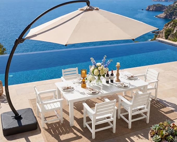 7-Piece Outdoor Dining Set with 11FT Umbrella for 6,White | 75.2'' HDPE table, chairs included, weather-resistant furniture with hole, ideal for lawn, poolside, yard, garden, deck