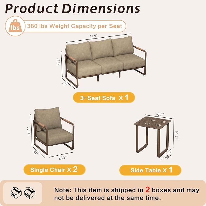 5-Seat Outdoor Aluminum Patio Sofa Set with Coffee Table, Deep Seating Conversation Set with 6.5" Cushions, Modern All-Weather Furniture for Garden, Balcony, Poolside, Brown