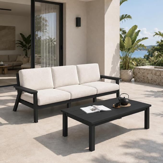 43.9" HDPE Outdoor Coffee Table, (Black) | All-Weather HDPE, Easy Assembly, Low-Maintenance, Large Tabletop, For Patio Deck Poolside Backyard Use