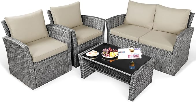 RELAX4LIFE 4-Piece Patio Conversation Seat - Wicker Sofa Set w/Seat & Back Cushions, Coffee Table w/Tempered Glass Tabletop, Outdoor Rattan Sofa Set for Backyard, Porch (Brown)