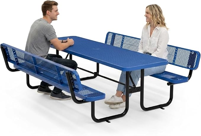 Commercial Heavy-Duty Metal Picnic Table (Blue, 8' Rectangular with Back)