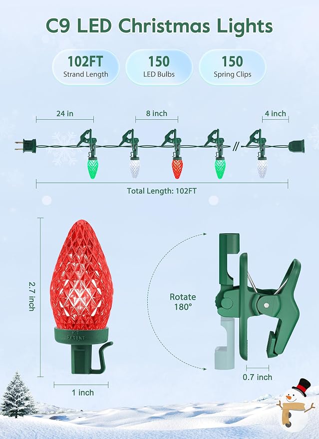 C9 Christmas Lights Outdoor, 102FT 150 LED String Lights with Spring Clips | Waterproof Connectable Commercial Grade Christmas Tree Lights for Outside Roofline Patio Yard Home, Red Green|Pure White