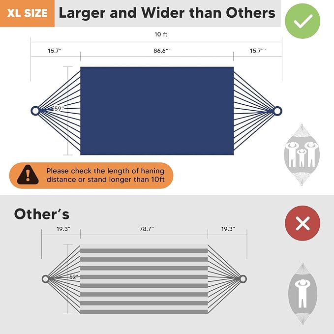 SUNCREAT Hammocks Outdoor Camping Double Hammock, Extra Large 2 Person Hammock for Camping, Navy