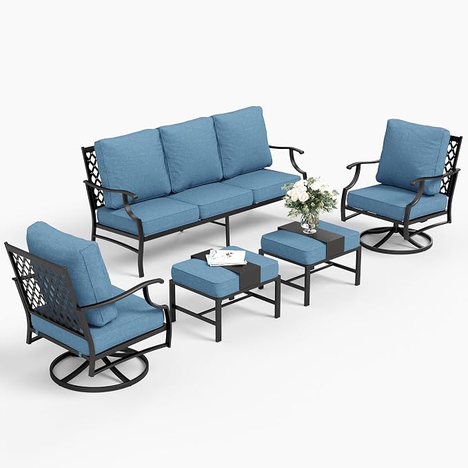 SUNSHINE VALLEY 5 Piece Metal Outdoor Patio Furniture Set, Patio Conversation Sets 1 3-seater Sofa, 2 Swivel Chairs, 2 Ottomans with 5.75" Thick Cushion, Black All-weather Backyard Furniture Set, Navy