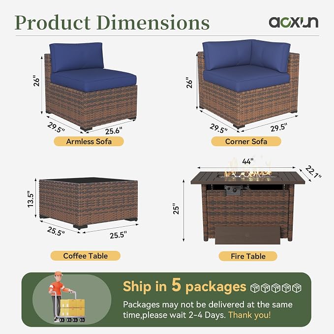 Aoxun 15 Piece Patio Furniture Set with 44” Fire Pit Table Wicker Rattan Outdoor Sectional Sofa Set with Coffee Table and Thickened Cushions, Blue