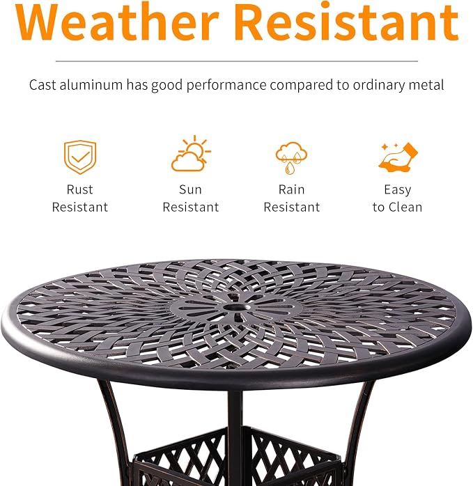 Outdoor Round Cast Aluminum Patio Dining Table with Umbrella Hole, 42" Outdoor Table Metal Frame for Backyard Lawn Balcony Deck, Bronze (42" Round Table)