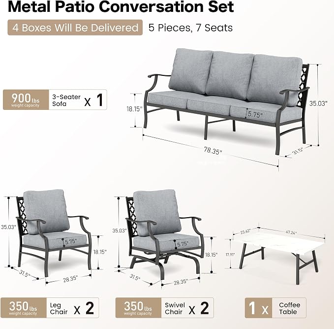 SUNSHINE VALLEY 6 Piece Metal Outdoor Patio Furniture Set, Patio Conversation Set 1 3-Seater Sofa, 2 Rocking Chair, 2 Leg Chair with 5.75" Thick Cushion and Coffee Table, Backyard Furniture Set, Gray