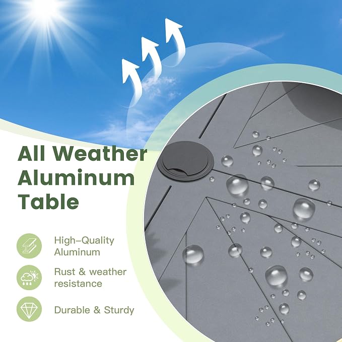 Outdoor Patio Round Dining Table for 6, 47.3" x 47.3" Sleek Aluminum Dining Table with Umbrella Hole for Backyard Garden Lawn Deck, Dark Grey