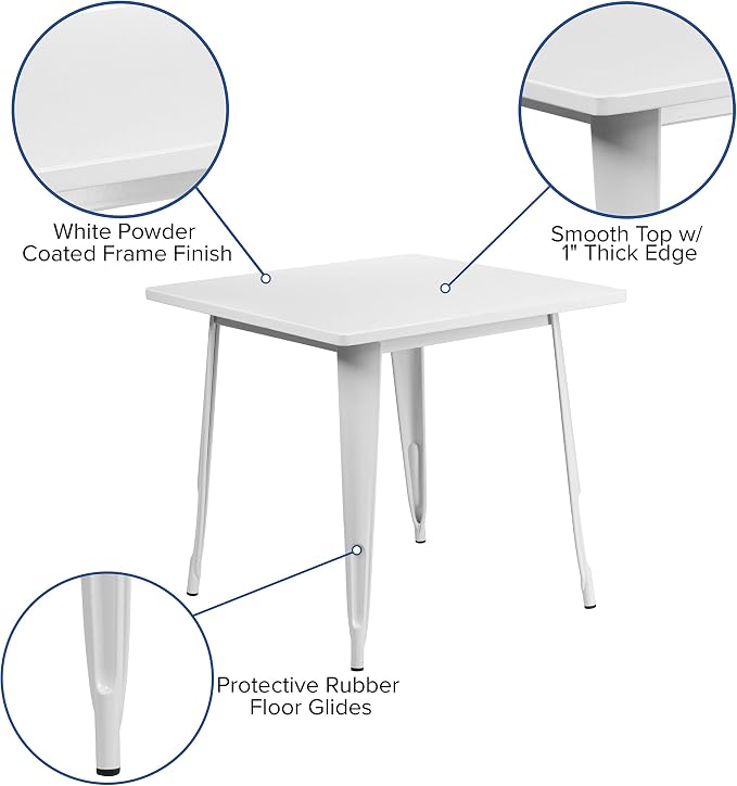 Merrick Lane Nash Indoor-Outdoor Dining Table Only - White Powder Coated Finish - 31.5" Square Top - 27.25" Wide Base - Bracing for Added Stability