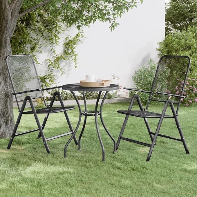 Garden Table Anthracite Round Outdoor Dining Table with Expanded Metal Mesh and Iron Legs, Compact 23.6 Inch Small Patio Bistro Table for Balcony, Garden and Terrace