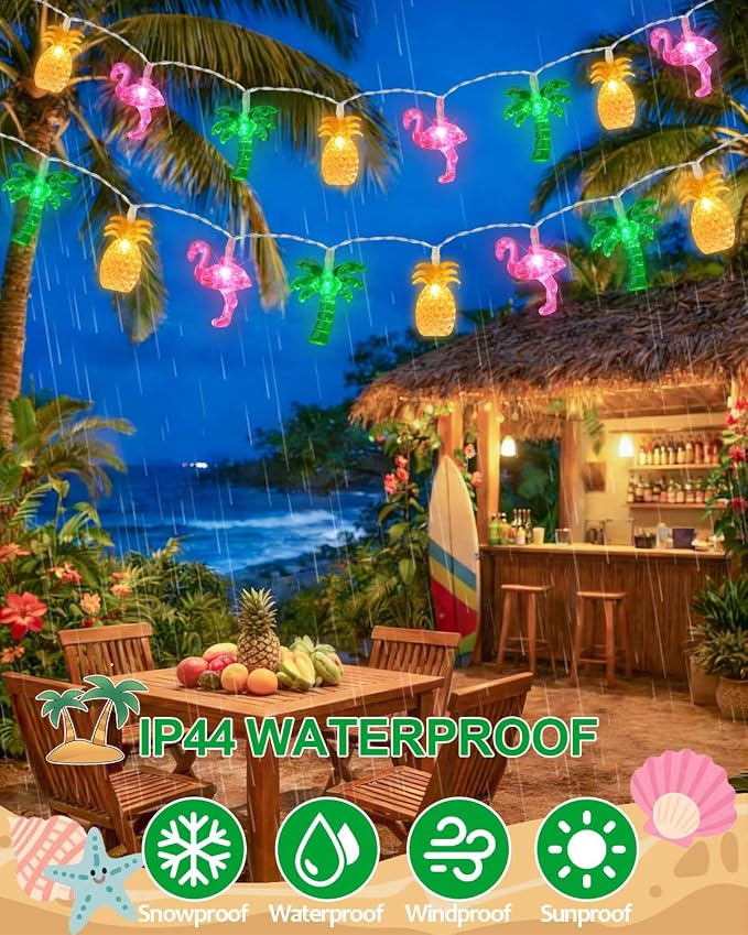 50 LED 25ft Summer Hawaiian Beach Battery String Lights Outdoor with Remote | Flamingo Pineapple Palm Tree Fairy Twinkle Lights Battery Operated with 8 Modes & Timer for Tropical Beach Party Pool Decor