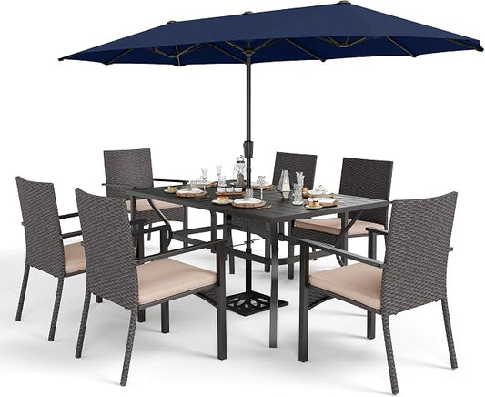 Sophia & William 7 Pieces Patio Dining Set with 13ft Navy Patio Umbrella, Outdoor Metal Table and Rattan Chairs Set for 6 People, Outdoor Dining Set with Cushions & 1.6" Adjustable Umbrella Hole