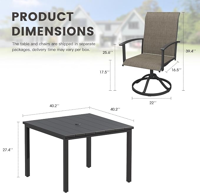 5 Pieces Patio Dining Set, Outdoor Furniture of 40.2" Square Patio Table and Patio Swivel Chairs for Backyard Lawn Garden, Black Table and Mixed Brown Chairs