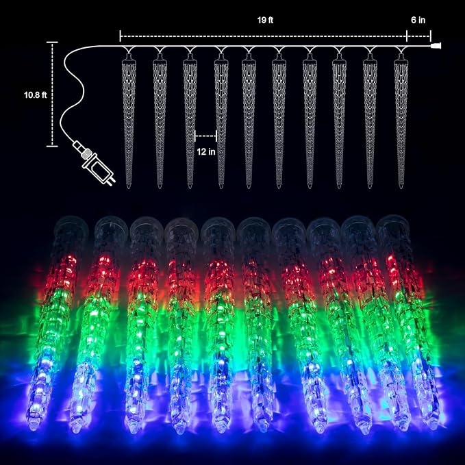 Brightown Christmas Meteor Shower Icicle Lights Outdoor, 2 Pack Total 40ft with 40 Large Tube 960 LED Dropping Effect, Waterproof Decorations for House Eave Roofline, Multicolor