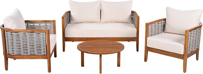 Merax 4 Pieces Acacia Wood Patio Furniture Set, Outdoor Woven Rope Conversation Sets with 1 Loveseat, 2 Chairs and Round Table for Backyard, Porch, Garden, Deep Seating & Soft Cushions, Teak+Beige