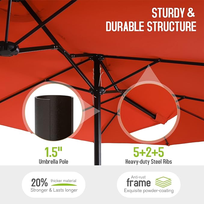 Sophia & William 7pc Patio Dining Set with Red Umbrella, 6 Rattan Chairs | 6 Cushioned rattan chairs + 1 metal table with umbrella. Perfect for backyard, deck, porch.