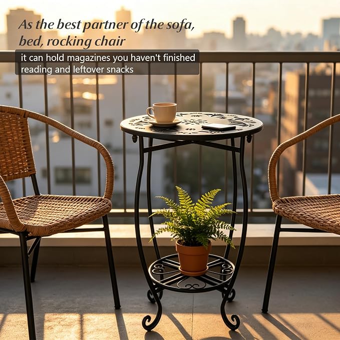 Fashion&cool 25" Outdoor Side Table, 2-Tier Round Metal Patio End Table, Heavy Duty Rust-Proof Coffee Table for Outside, Space Saving Balcony Sofa Small Table for Living Room Garden Deck, Black