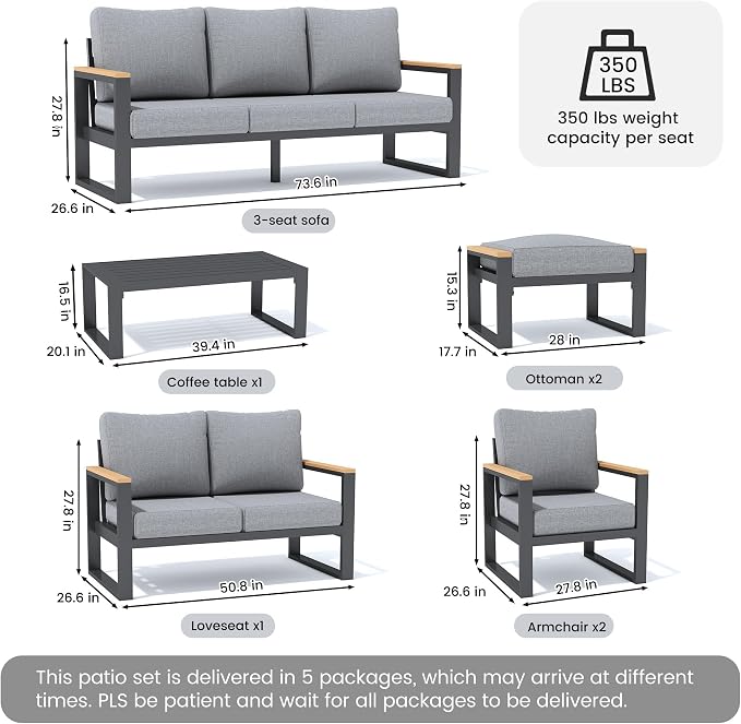 Sundale Outdoor Aluminum Patio Furniture Set, 7 Piece Outdoor Conversation Sets with Coffee Table, Ottoman and Washable Thick Cushions, All Weather Outdoor Sectional Set for Deck, Lawn, Yard (Grey)