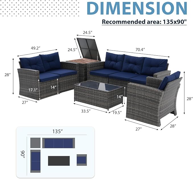JOIVI 8 Pieces Patio Furniture Set with Storage Box, Rattan Patio Conversation Set, Wicker Couch Sectional Sofa Set with Cushions and Coffee Table for Outside Porch, Deck, Navy Blue