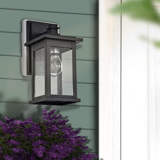 MICSIU 12 Inch Matte Black Modern Farmhouse Outdoor Wall Lantern 1 Pack | Square Exterior Sconce with Clear Seedy Glass, Anti-Rust Waterproof Outside Wall Mount Light for House, Porch, Garage, Garden