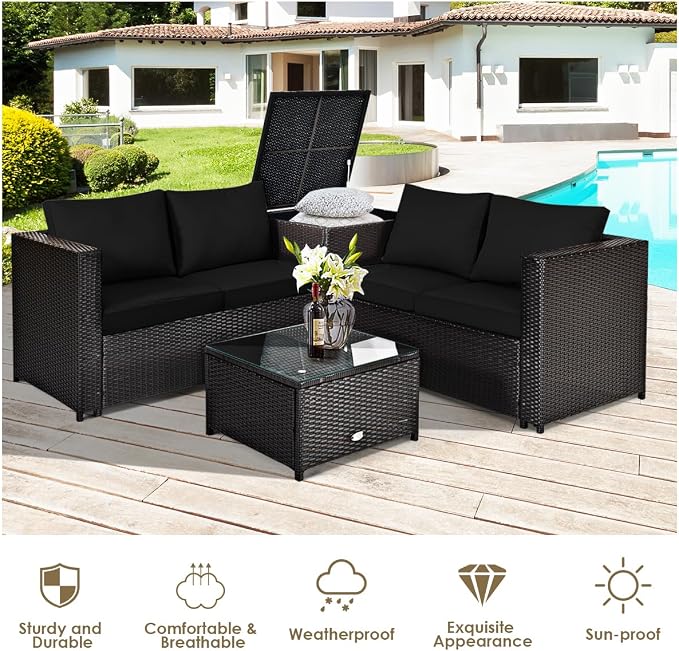HAPPYGRILL 4 Pieces PE Rattan Wicker Conversation Set Outdoor Patio Furniture Sofa Set with Storage Box and Tempered Glass Coffee Table for Backyard Garden Porch