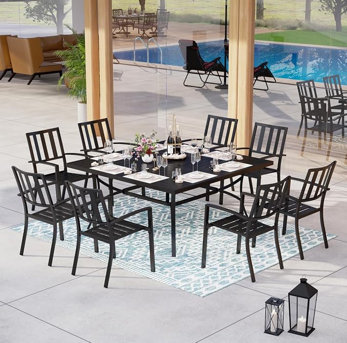 MFSTUDIO Outdoor Dining Set for 8, Patio Dining Set with Square Table, 9 Piece Patio Table and Chairs Set, Metal Outdoor Patio Furniture Set for Deck Backyard Poolside Garden