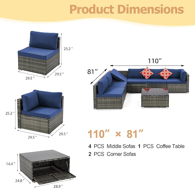 HOMREST 7 Piece Outdoor Patio Furniture, Hand Woven PE Rattan Patio Conversation Sets, Outdoor Sectional Set with Storage Table, Cushions and Pillows, Lift Sofa for Garden, Balcony, Lawn (Navy Blue)
