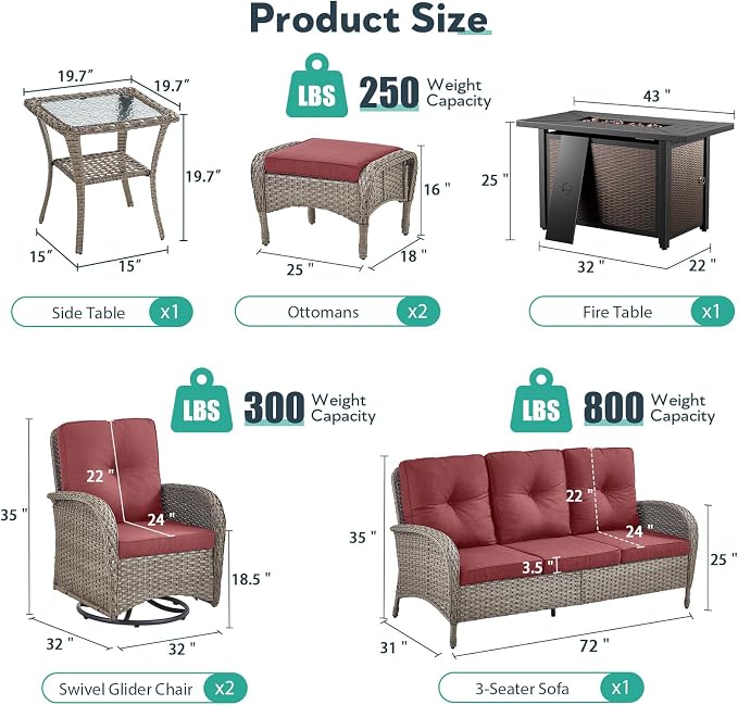 7 Piece Patio Furniture Set with Fire Pit Table - Wicker Patio Conversation Set with Swivel Glider, 3 Seat Sofa, Side Table and 2 Ottomans for Deck Backyard - Grey Wicker Red Cushion
