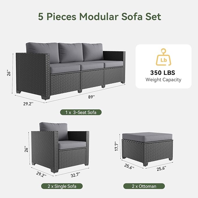 Aoxun Patio Furniture Set, 5 Piece Outdoor Sectional Sofa with Ottomans, Wicker Outdoor Furniture Conversation Sets with Waterproof Cover for Deck Backyard Grey
