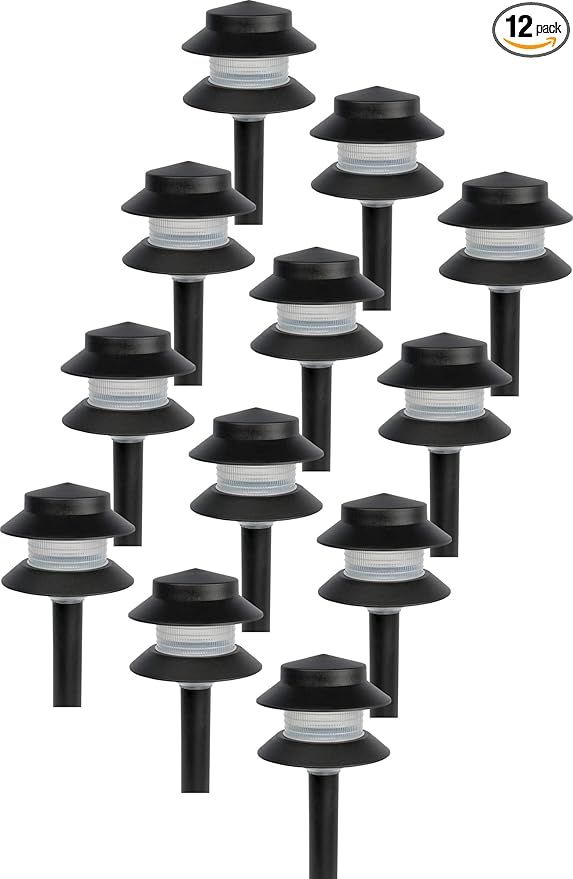 GreenLighting 35 Lumen Modern 2-Tier Low Voltage Path Light - Outdoor 2.5 Watt Landscape Light (12 Pack, Black)