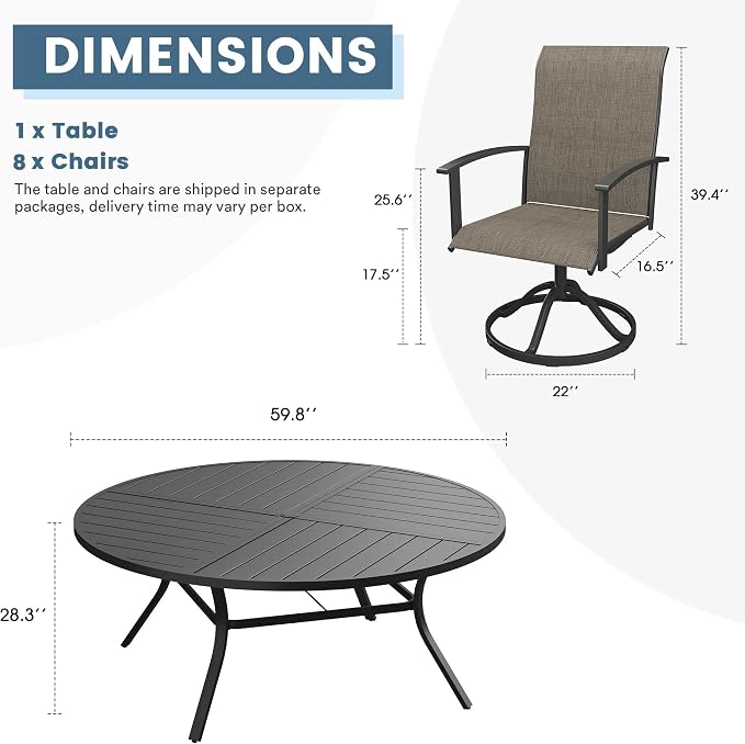 DIFY 9 Pieces Outdoor Dining Set, Metal Patio Table and Chairs Set for 8 with Umbrella Hole, 59.8" Black Round Table and Brown Textilene Swivel Patio Chairs for Garden, Backyard, Poolside